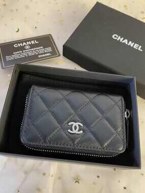 Black CHANEL Zipper Coin Case Silver CC Logo Lambskin Wallet